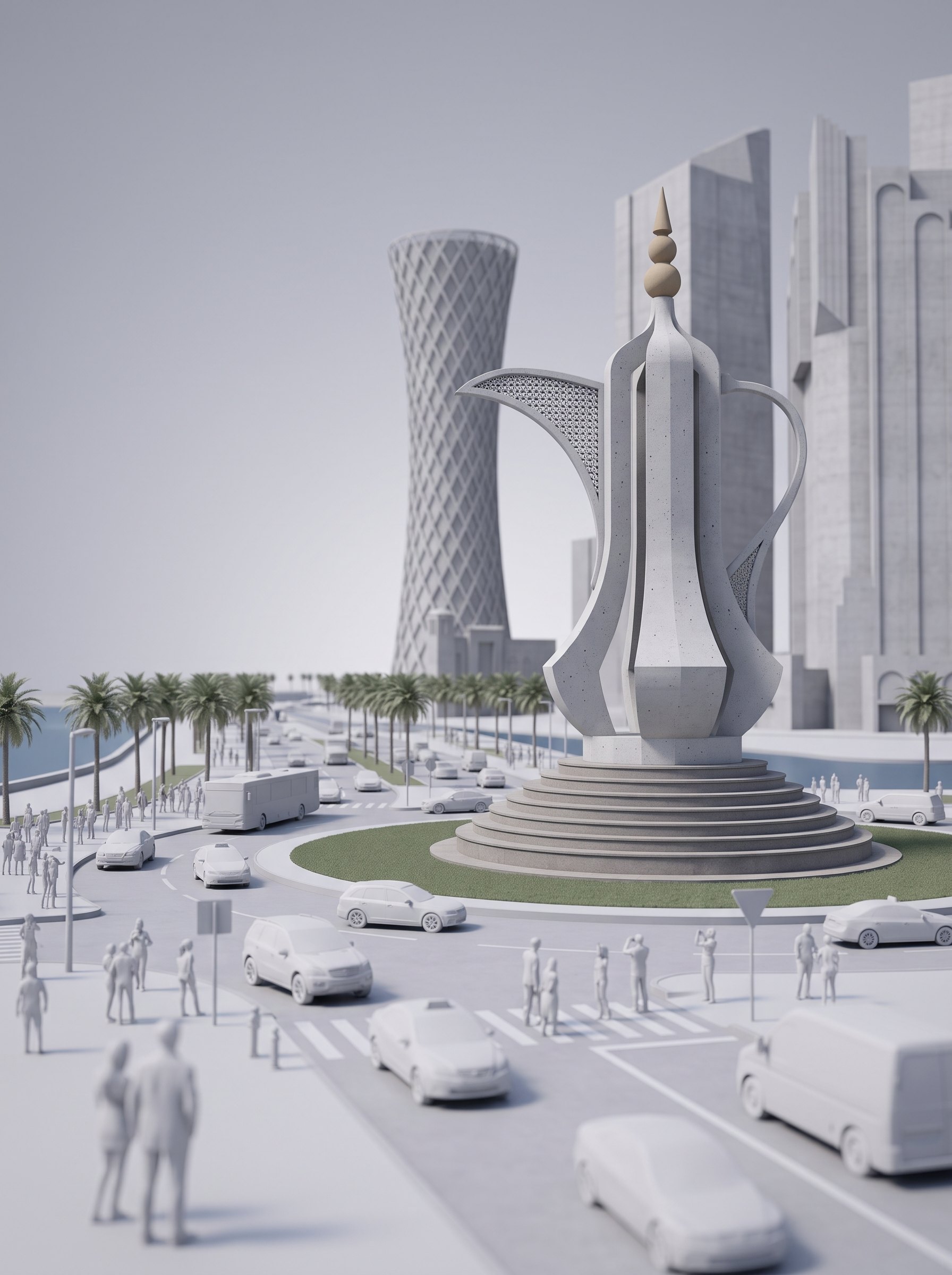White architectural model of the Doha Dallah roundabout with Tornado Tower and city traffic